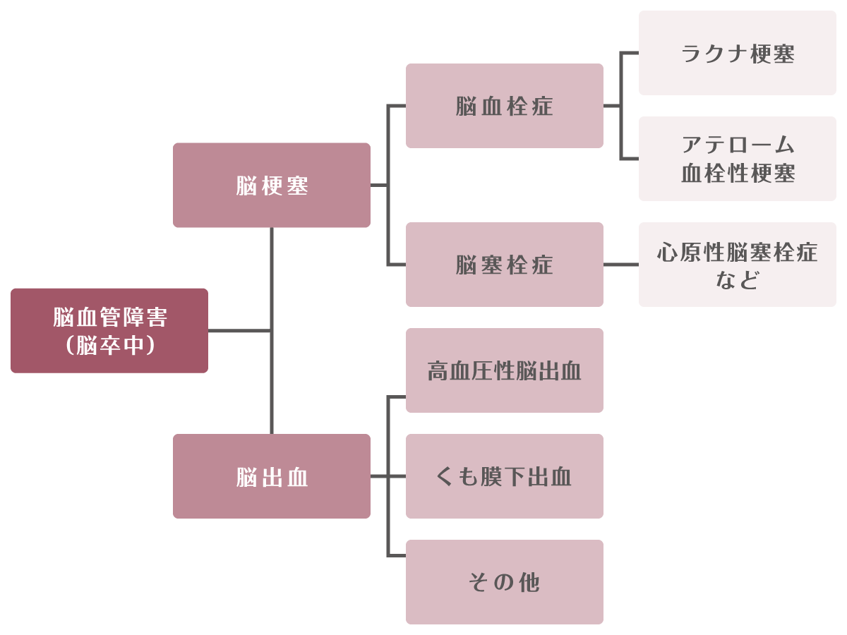 脳血管障害は下記の図のように分かれます。脳血管障害（脳卒中）、脳梗塞、脳血栓症、ラクナ梗塞、アテローム血栓性梗塞、脳塞栓症、心原性脳塞栓症など、脳出血、高血圧性脳出血、くも膜下出血、その他